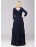 Navy Blue Lace Chiffon Modest Mother Of The Bride Dress 
